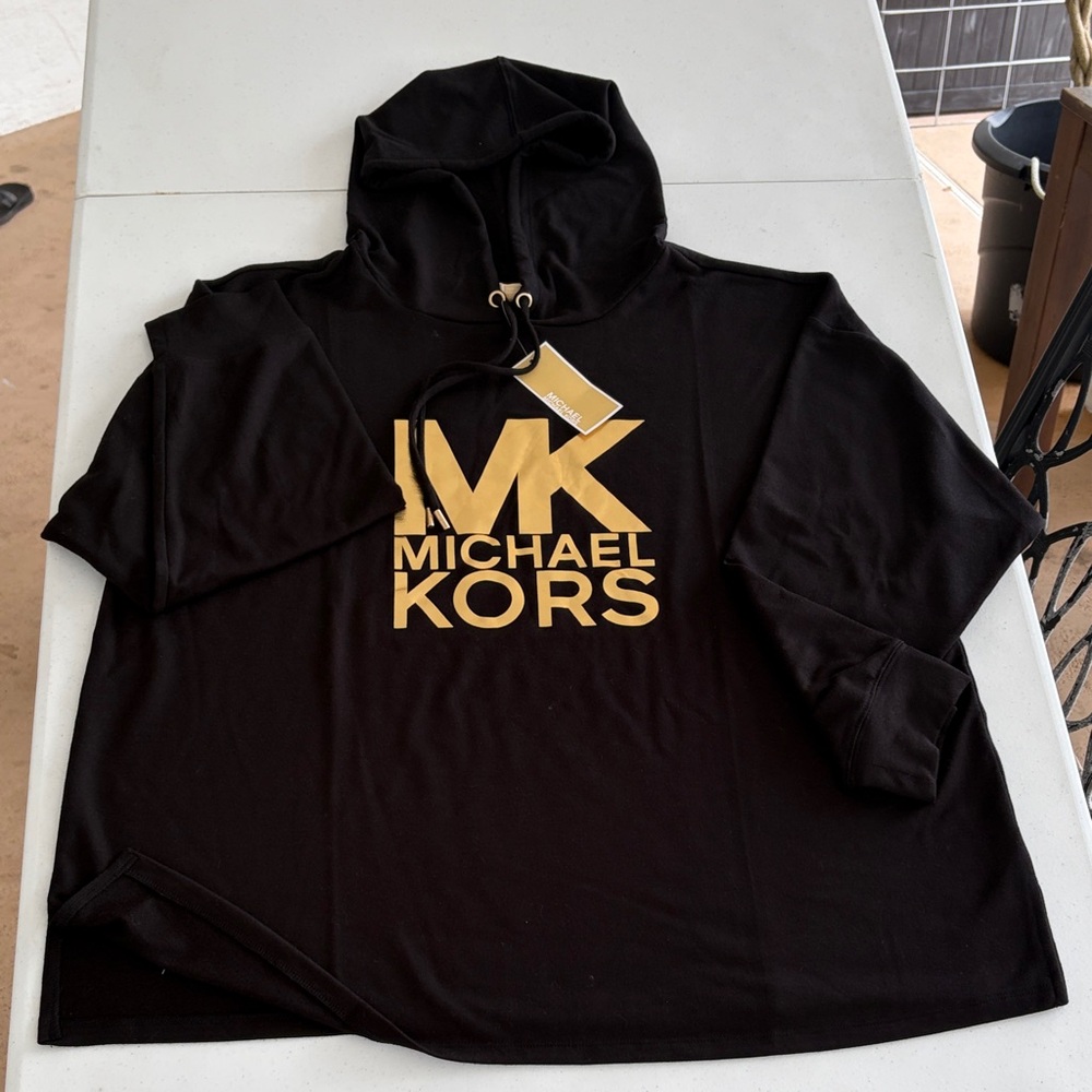 Michael Kors Woman’s Black Hoodie Pullover with Gold Logo side slits S 2X NWTs.